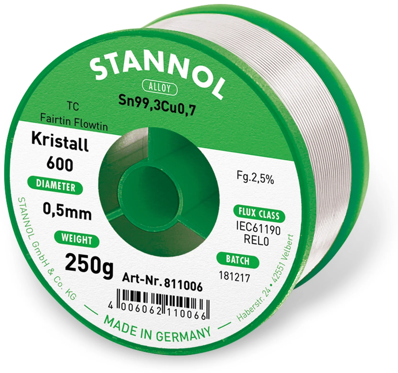 Stannol Kristall 600 Fairtin blyfritt lödtenn Sn99,3Cu0,7, 0,5 mm, 250 g
